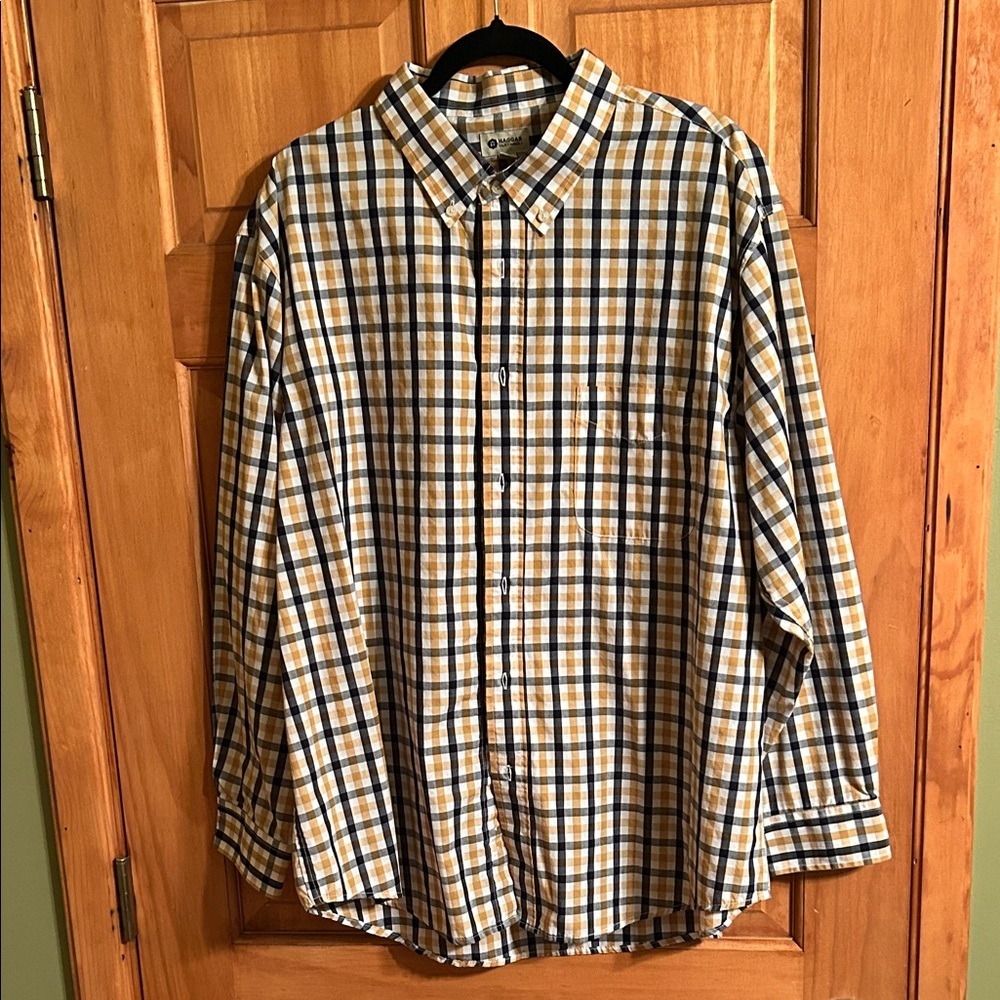 Haggar Men's Blue and Tan Plaid Button-Down Shirt Like New